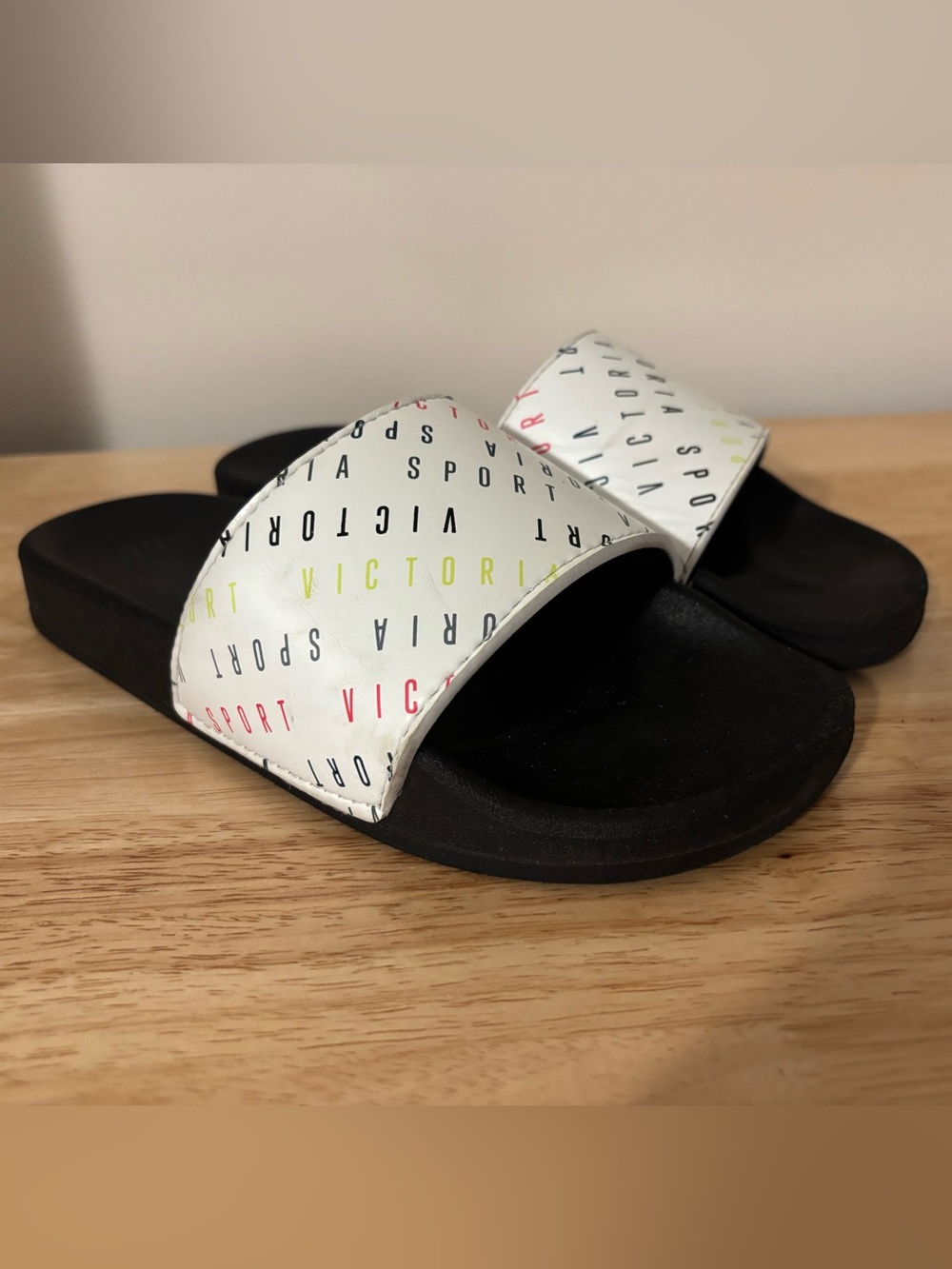 Victoria's Secret Sport White Slides w/Multicolor Logo & Black Soles, Size M